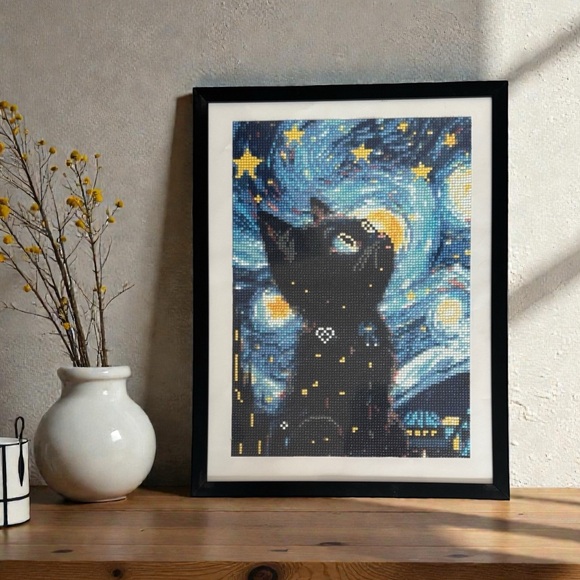Handmade Framed Black Cat Diamond Painting- Starry Night Wall Art 12x16 - Picture 1 of 2